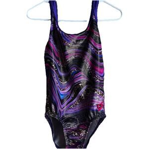 GK Elite leotard cs Leopard Purple Pink BLACK Sparkle Very Good Condition